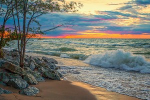 View to Chicago Skyline at Sunset in End of September