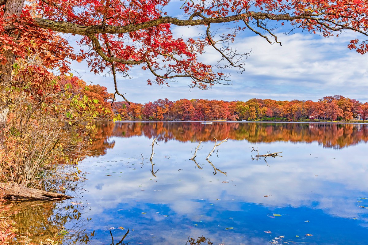 Lake View with Lone Rowboat in the Distance