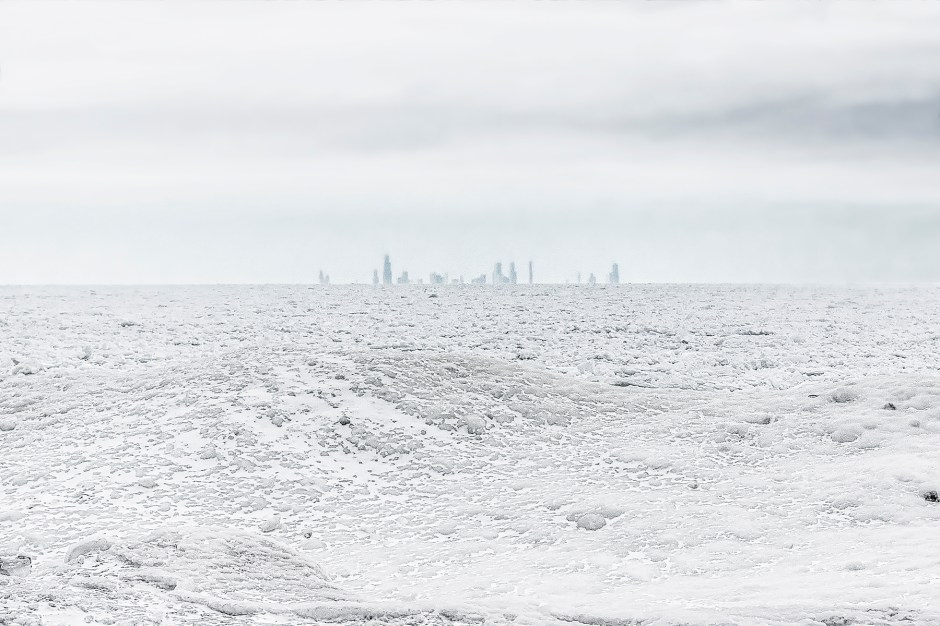 Chicago Skyline Beyond Frozen Lake Michigan
